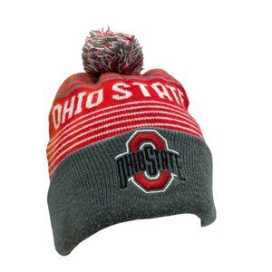 Vtg Ohio State Buckeyes Pom Knit Beanie Hat Adult Size Red & Gray Striped FLAW